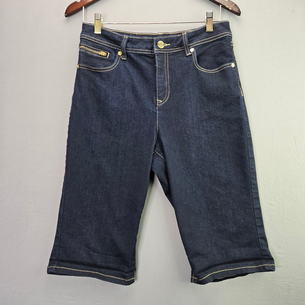 INC Denim Bermuda Shorts Mid Rise 10 Blue Dark Wash Stretch Knee Length Zip